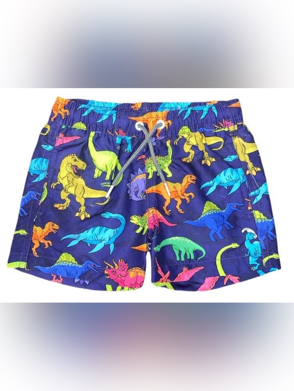 BOARDIES Colorful Neon Dinosaur kids  Swim Trunks - Navy Background
